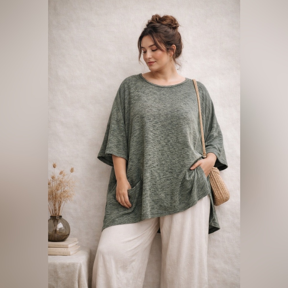 Cut Loose Oversized Tunic Sage Green Lagenlook Dolman Sleeve Pocket Top USA made